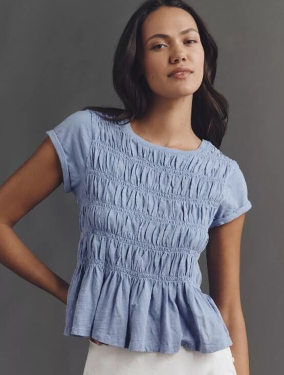 Pilcro Tops - Pilcro Light Blue Smocked Short-Sleeve Peplum Top